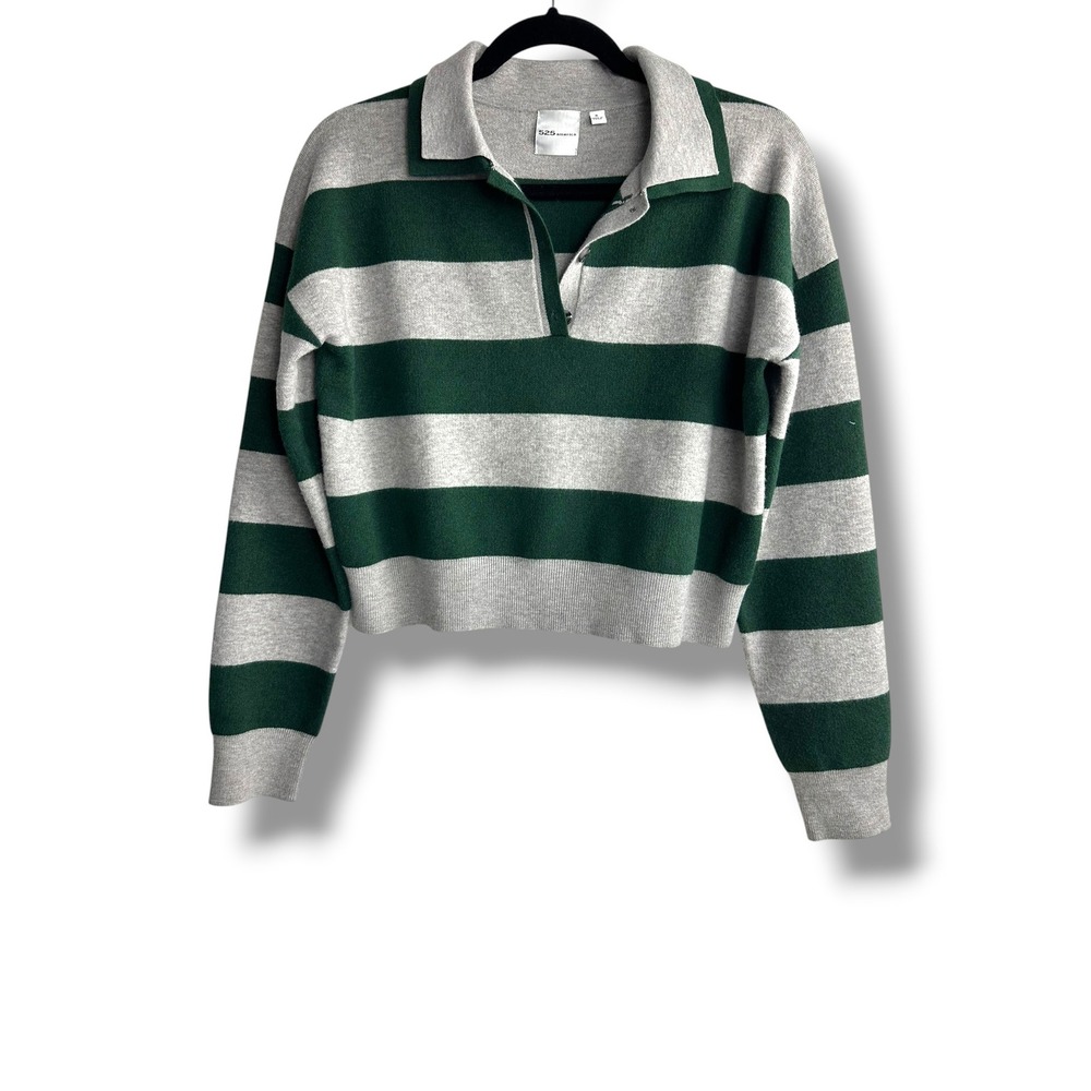 525 America Polo Sweater Womens S Green Gray Excellent Cropped Striped Rugby